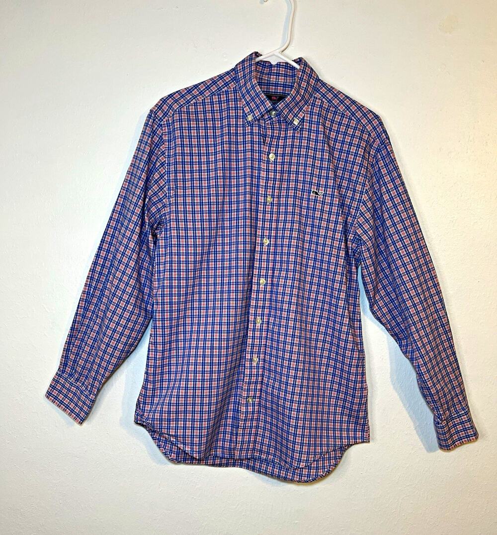 Vineyard Vines Men’s Button-Down Plaid Whale Embroidered Shirt Size S Blue Red